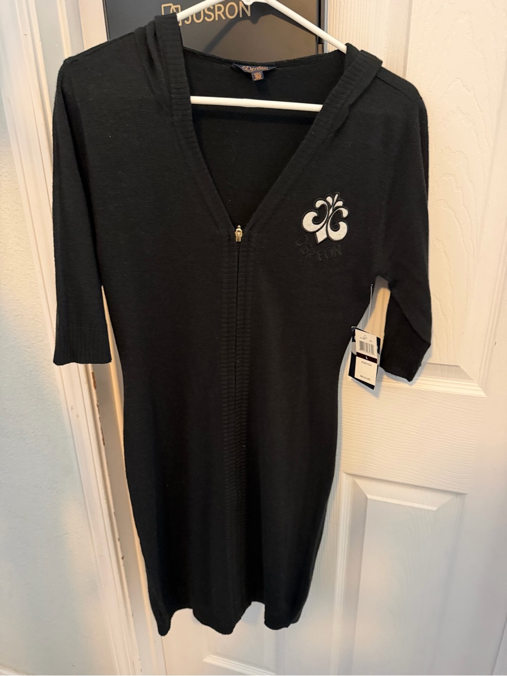 Dereon Black Zip-Front Hooded Knit Dress with Embroidered Crest